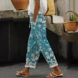 Women Casual Pants Elastic Waist Drawstring Harem Pants Digital Floral Print Beach Office Shopping Daily Long Trousers