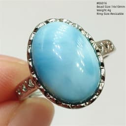 Natural Blue Larimar Adjustable Ring 925 Sterling Silver Larimar Gemstone Women Men Water Pattern AAAAA