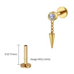 Right Grand ASTM F136 Titanium Bezel CZ Dangle Cone Labret Cartilage Earring Conch Helix Stud Tragus Spike Chain Drop Earring
