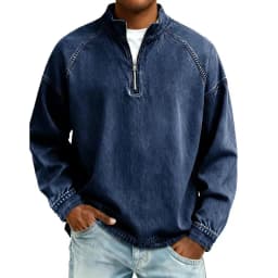Autumn New Mens Pullovers Sweatshirts Zipper Stand Solid Top Heavyweight Distressed Washed Denim Casual Hoodie For Men Clothing