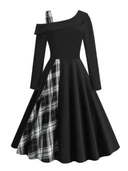 Tonval Black and Plaid One Shoulder Elegant Party Women Dresses Autumn Clothes 2023 Long Sleeve Evening Vintage Midi Swing Dress