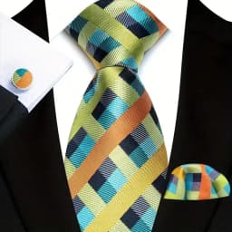 3Pcs Men's Yellow Color Stripes Plaid Solid Ties Pocket Square Cufflinks Wedding Prom Accessories 8cm Cravat Gift for Men