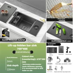 Cup Washer Hidden Bar Sinks With Lid MultifunctionalStainless Steel Kitchen Sink Single Slot Undermount Bowl