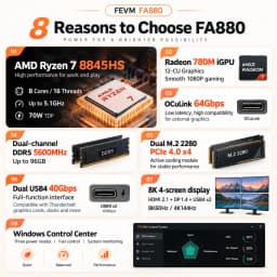 SZBOX FEVM FA880 Ryzen 7 8845HS MINI PC Laptop Windows 11 Pro DDR5 NVMe SSD WIFI6 BT5.2 2*USB 4.0 Desktop Gaming laptop Computer