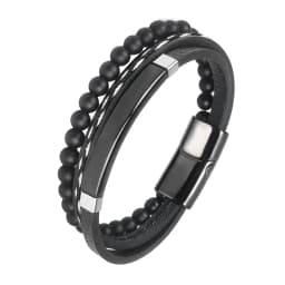 MingAo Charm Men Jewelry Natural Stone Multi-Layer Leather bracelet Black Stainless Steel Magnetic Clasp Tiger eye Bead Bracelet