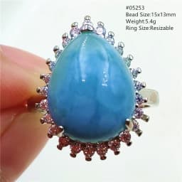 Natural Blue Larimar Adjustable Ring 925 Sterling Silver Larimar Gemstone Women Men Water Pattern AAAAA