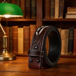 Handmade Leather Dress Belt - Retro Embossed Feather Design, Brown, Adjustable Fit for Business & Casual Wear