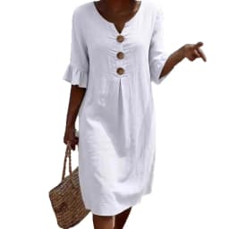 V-neck Button Solid Color Casual New Beach Vacation Style Versatile Dress For Women's A-line Lace Short Sleeved Patchwork Skirt