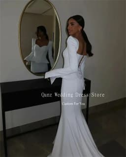 Qanz White Sheath Wedding Dresses Sweetheart Satin Long Sleeves Vestidos De Novia Boda Mermaid Corset Bridal Gowns Customized