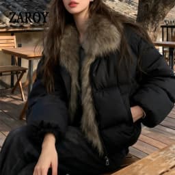 ZAROY Women's Winter Jacket Luxury Fox Fur Collar Puffy Thicken Warm Cotton Short Coat High Street Fashion Outwear Parkas куртка