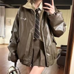 Reversible Brown Women Pu Jacket Sherpa Lined Coat Zip Up Fleece Oversized Retro Moto Streetwear Y2K Winter Outerwear Top