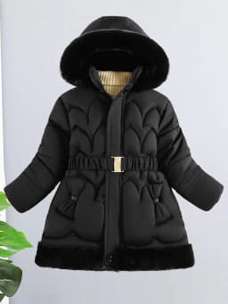 2024 New Winter Keep Warm Girls Jacket Waist Belt Design Detachable Hat Lining Plush Hooded Heavy Coat For Kids