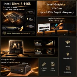 Ervpes E1Power Mini Ai Pc Intel Core Ultra 5 115U 8 Cores 10 Threads 16Gb Lpddr5 512Gb Ssd Wifi Bluetooth USB HDMI Type-C Windows 11 Wifi 6 Bt5.0