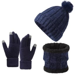 3Pcs Winter Knitted Beanie Hat Scarf Gloves Set Fleece Lined Pom Pom Hat Touchscreen Gloves Neck Warmer for Women Men Outdoor