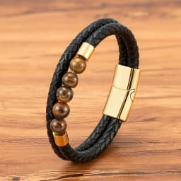 TYO High Quality Natural Stone Tiger Eye Beaded Bracelets Woven Leather Bangles Men Classic Fashion Magnet Clasp Jewelry Gifts