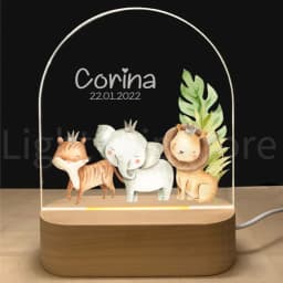 Personalized Baby Birth Night Light Custom Name Animal Elephant Lion with USB Wood Base Lamp for Bedroom Table Rainbow Decor