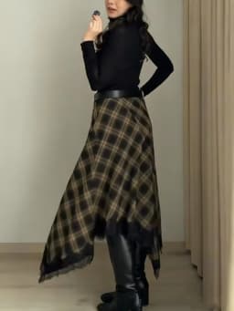 Spring New Check Lace Hem Asymmetric Skirt Women Eelgant A-line Zip-up Midi Skirts Female Vintage Party Skirts 2026 New