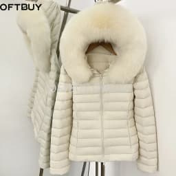 OFTBUY Goose Down Real Fox Fur Collar Lightweight Quilted Zip Up Clothes New Winter Puffer Coat Women Short Hooded Down Jacket