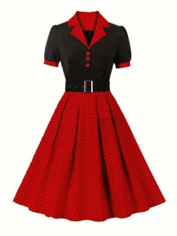 Hot Selling Commuting Art Retro Polka Dot Short Sleeved Lapel Dress with Belt in Europe and America