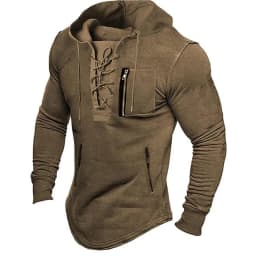2026 Men Autumn Spring Top Lace Up Drawstring Solid Color Long Sleeve Zipper Pockets Pullover Streetwear Men Mid Length Hoodie