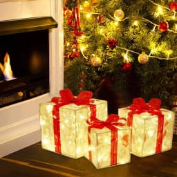 3Pcs/Set PVC Christmas Gift Box Set Luminous Folding Christmas Lighting Box with Bow Ribbon Christmas Glowing Decoration Outdoor