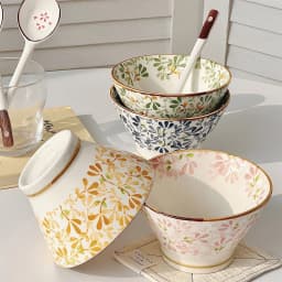 Ceramic Hat-shaped Bowl Spoon Set,Four Seasons Floral Pattern,Oven Microwave Safe, Noodles Salad Soup Dessert Hot Pot Picnic BBQ