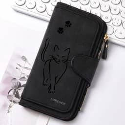 Featuring a cat motif this women's long wallet offers multiple card slots a coin pocket and a cell phone pouch A perfect gift