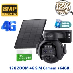 SHIWOJIA 12X Zoom 4G LTE Solar Security Camera 8MP Night Vision Dual-Lens Outdoor WiFi Solar Battery Camera PIR Human Detection