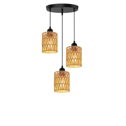 Woven Rattan Chandelier 3-Light Boho Ceiling Lamp Semi Flush Mount Lighting for Dining Kitchen Hallway Office Decor