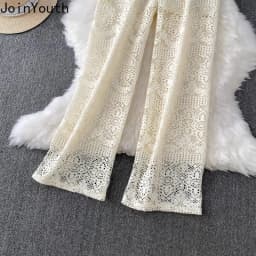 Summer Straight Pants for Women's 2025 New Bottoms High Waist Fashion Hollow Out Thin Pantalon Femme Korean Lace Trousers 63e165