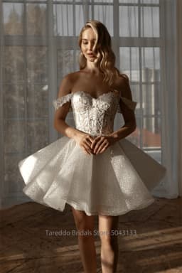 Customized Off Shoulder Two Pieces Wedding Dress Lace Applique Glitter Skirt Bridal Gown with Detachable Skirt 2 in1 Style