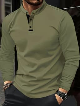 A Stylish Men's Round-Neck Plain Splicing Polo Shirt That Is Suitable for Summer, Autumn, and Winter, and Can Be Worn at Home