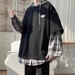 Fake Two-piece Patchwork Hooded Sweatshirt For Men Autumn Loose Long Sleeved Hoodie Tops Streetwear Hong Kong Style Fashion Coat