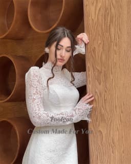 Toofgon Delicate Lace Formal Wedding Dresses Long Sleeves High Neck Buttons Bridal Gowns Bride Wedding Party Gowns Customized