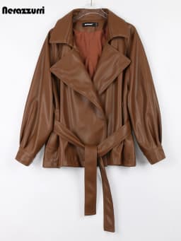 Nerazzurri Spring Autumn Short Brown Black Soft Light Faux Leather Jackets for Women Belt Lapel Casual Loose Korean Fashion 2022