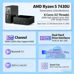 SZBOX X74 AMD Ryzen 5 7430U MINI PC Windows 11 Pro 2*DDR4 2*M.2 2280 SSD Lan WIIF6 BT5.3 Type-C Desktop MINI PC Gamer Computer