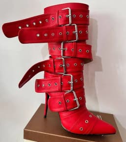 Onlymaker Women Pointed Toe Mid-Calf Boots Buckle Strap Thin High Heel Lady Zipper Female Stiletto Boots