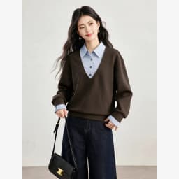 VIMLY Fake Two-piece Striped Collar Sweatshirt for Women 2026 Autumn Coffee Color Commute Casual Loose-fit Female Pullover A7577
