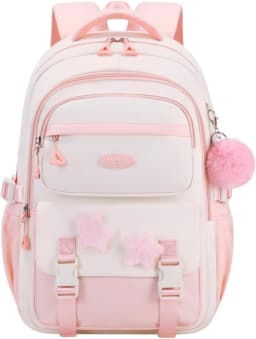 Primary Middle School Backpack for Girls Cute Backpack for School Pink School Bag for Teen Girls with Star Pins Furry Pendant