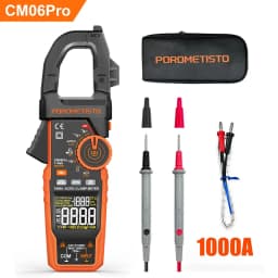 CM06/CM06Pro Auto-ranging Clamp Meter 600A/1000A True RMS Inrush AC DC Voltage Tester Digital Multimeter Ammeter Ohm Capacitance Frequency Temp NCV VFD LoZ Duty Cycle Resistance Diode Continuity with Case Flashlight Test Leads