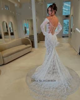 Off The Shoulder Long Sleeve 3D Floral Lace Mermaid Wedding Dress Frayed Edge Sweetheart See Through Bridal Gown With Sweep Trai