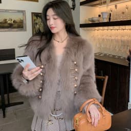 Chic White Women Faux Fur Jacket Pearl Button Coat Collarless Long Sleeve Cropped Loose Luxury Cozy Winter Outerwear Top
