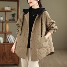 Large Size Women's Faionable Lightweight Hooded Cotton Jaet Autumn Winter New Arrival Diamond Pattern Loose Casual Coat