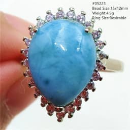 Natural Blue Larimar Adjustable Ring 925 Sterling Silver Larimar Gemstone Women Men Water Pattern AAAAA