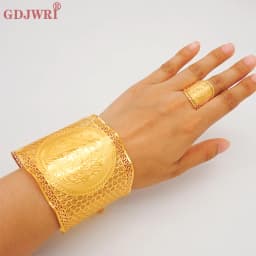 France Luxury Chain Cuff Bangle & Ring For Women Dubai Gold Color Indian Moroccan Big Bracelet Jewelry Arabic African Wedding