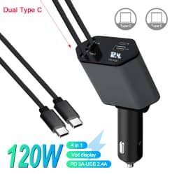 4-in-1 Car Charger with 2 Retractable Cable 120W Fast Charger Power Adapter Car Charger With Starlight For IOS Android Phones