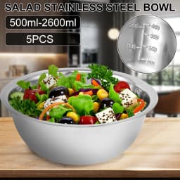 5Pcs Salad Mixing Bowl Set Stainless Steel Multipurpose Soup Basin 5 Sizes Nesting Bowls for Kitchen Cooking Baking Food Storage