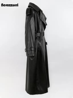 Nerazzurri Spring Autumn Long Oversized Black Pu Leather Trench Coat for Women Belt Double Breasted Loose Casual Korean Fashion
