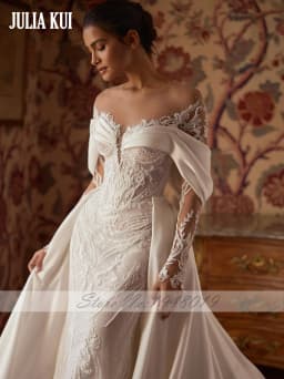 Julia Kui Custom Made Vintage Lace Satin 2 In 1 Mermaid Wedding Dresses Shiny Beaded Pearls Applique Beauty Trumpet Bridal Gowns