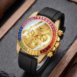 ONOLA Men's Quartz Watch, Multifunctional Dial, Colorful Square Rhinestone Bezel, Date Display, Ideal For Parties & Daily Outing